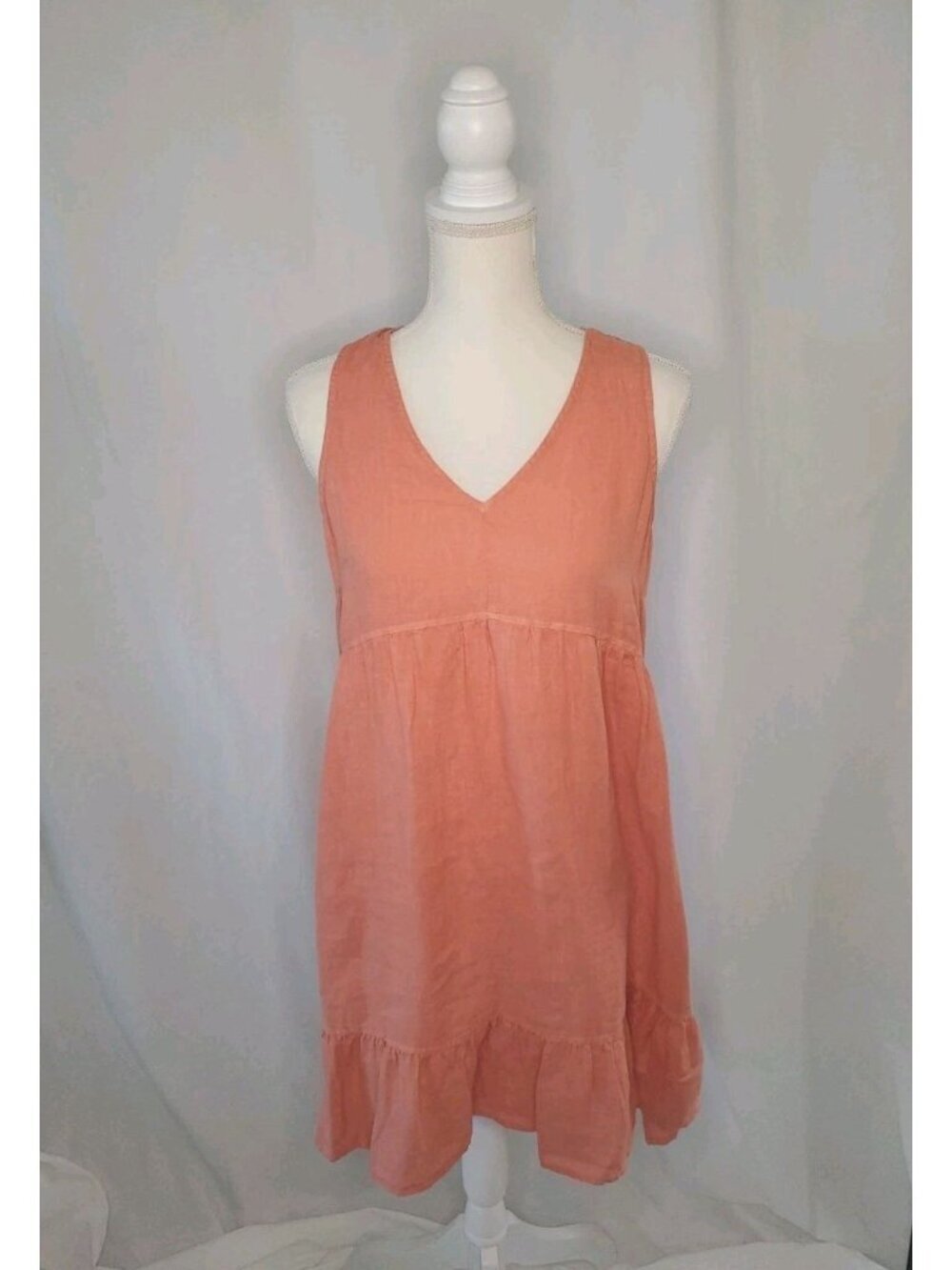 Cynthia Rowley 100% Linen Sleeveless Babydoll Ruffle Hem Dress Orange Coral Sz S
